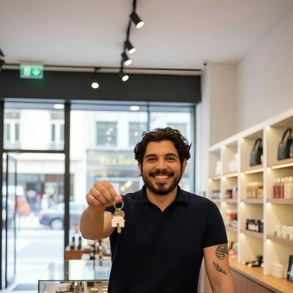 A shop owner holding up a set of keys in his shop