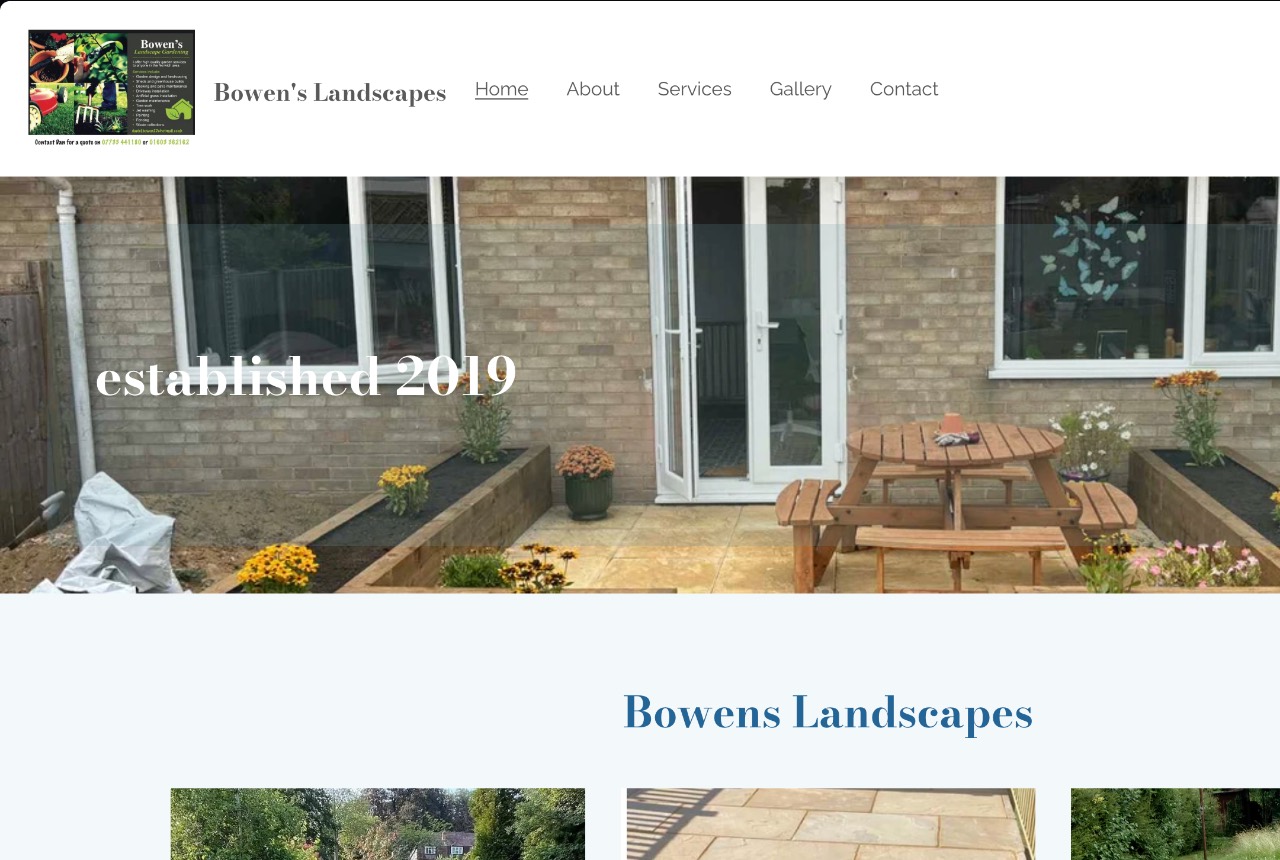 The old Bowen's Landscapes site: a builder template with a photo-collage logo and a hero reading only established 2019
