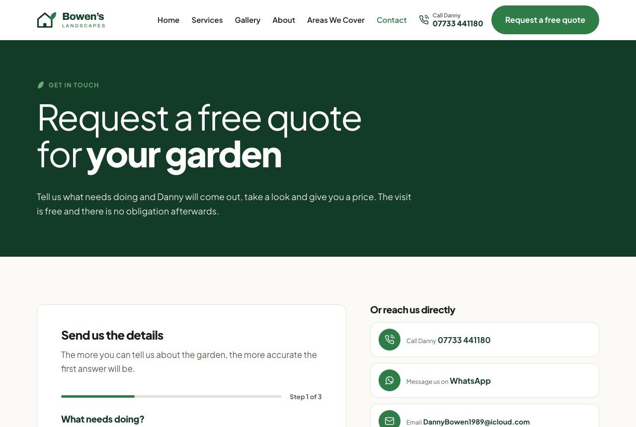 The rebuilt quote form: step one of three, with the phone number and WhatsApp offered alongside it