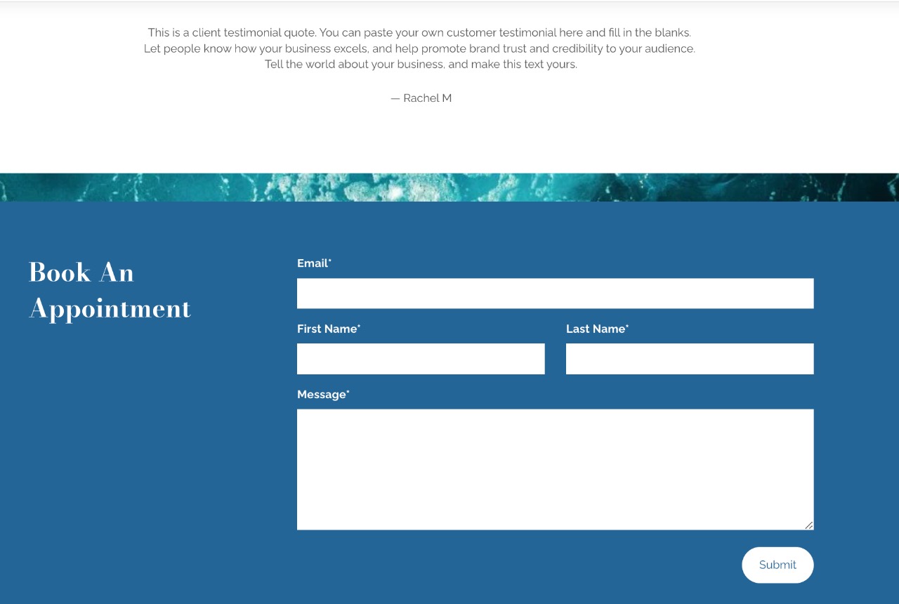 The old enquiry form: email, first name, last name and a required message box, under a placeholder testimonial