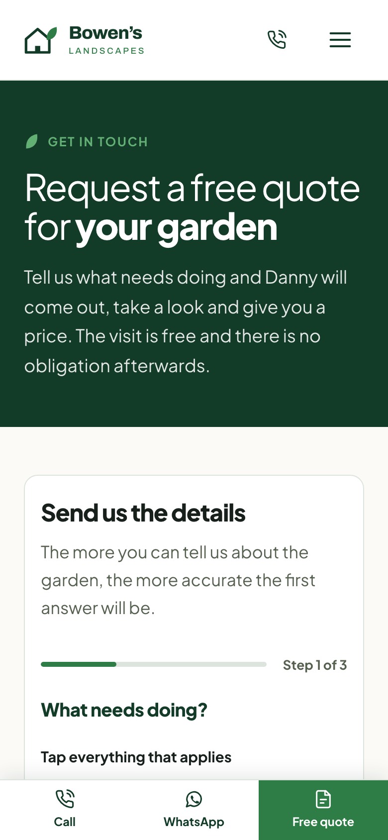 The quote page on a phone: step one of three asking what needs doing, with a fixed bottom bar offering Call, WhatsApp and Free quote