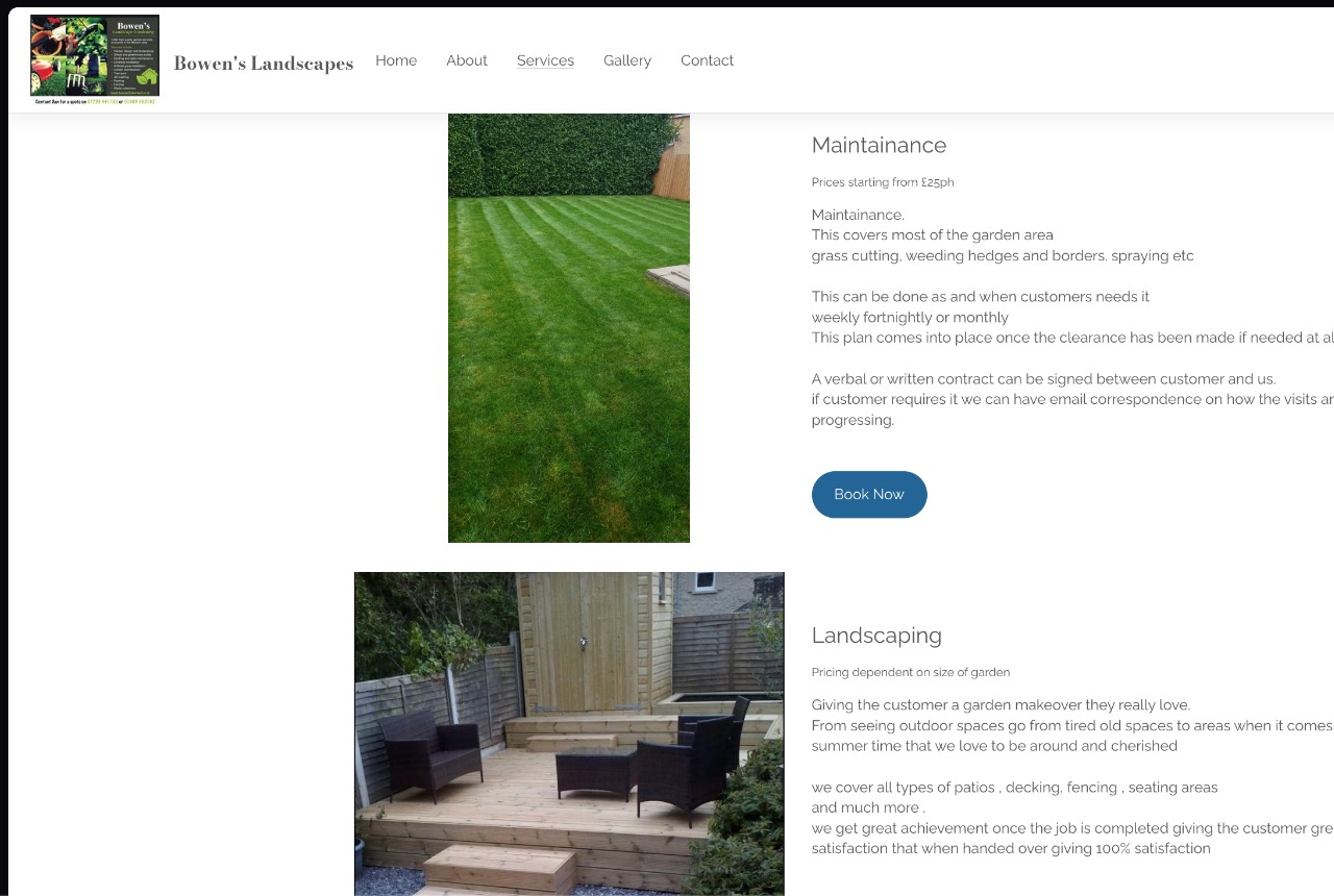 The old Bowen's services page: a template layout with a misspelt heading and a wall of unformatted text