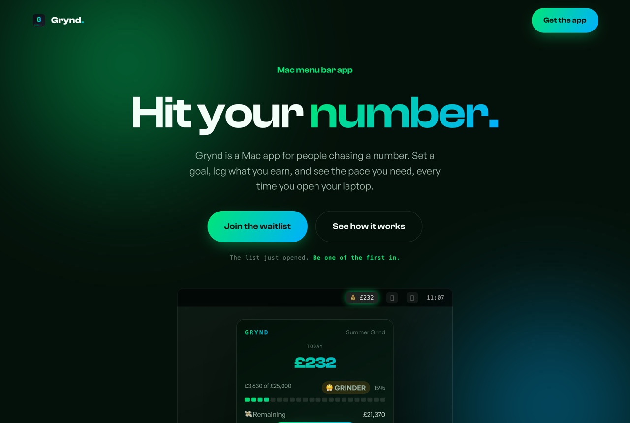The Grynd landing page: a dark hero reading Hit your number over a green glow, with the app's menu bar mockup below