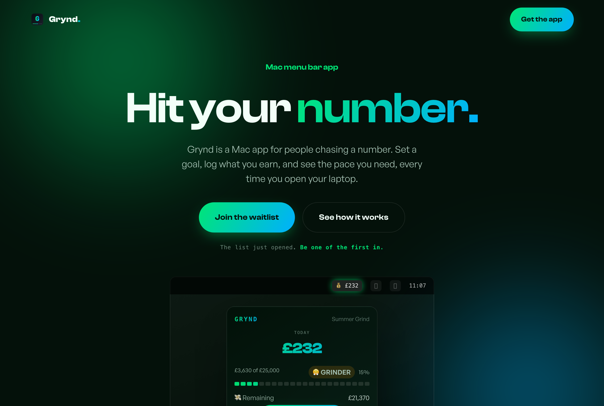 The Grynd landing page: a dark hero reading Hit your number over a green glow, with the app's menu bar mockup below