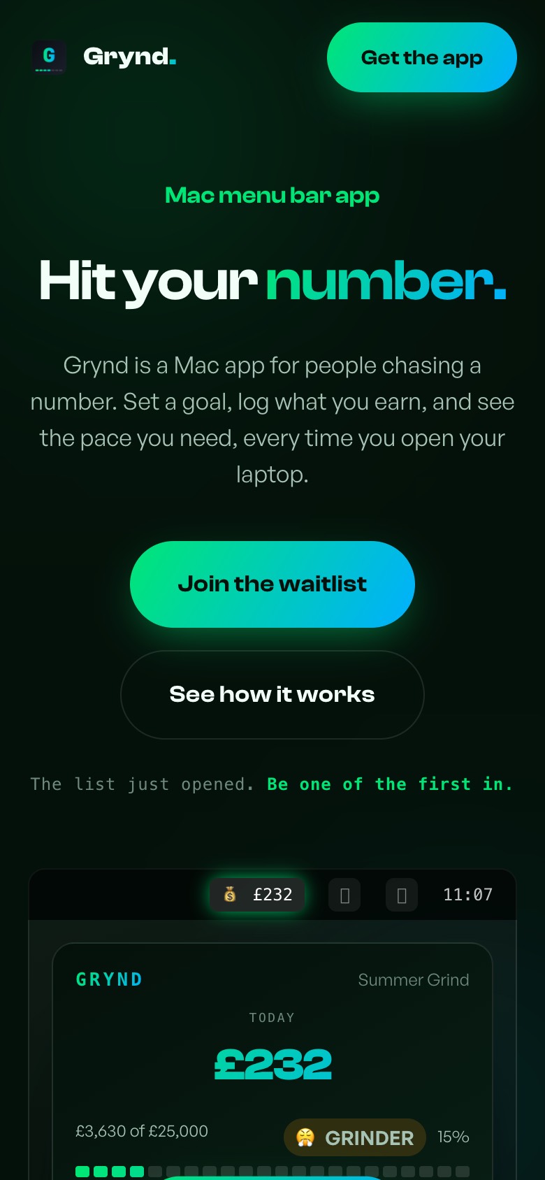 The Grynd product site on a phone: a dark hero reading Hit your number, with Join the waitlist