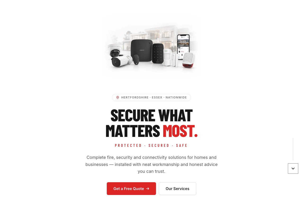 The M&J Fire & Security homepage: a white hero reading Secure what matters most above a row of alarm and camera hardware