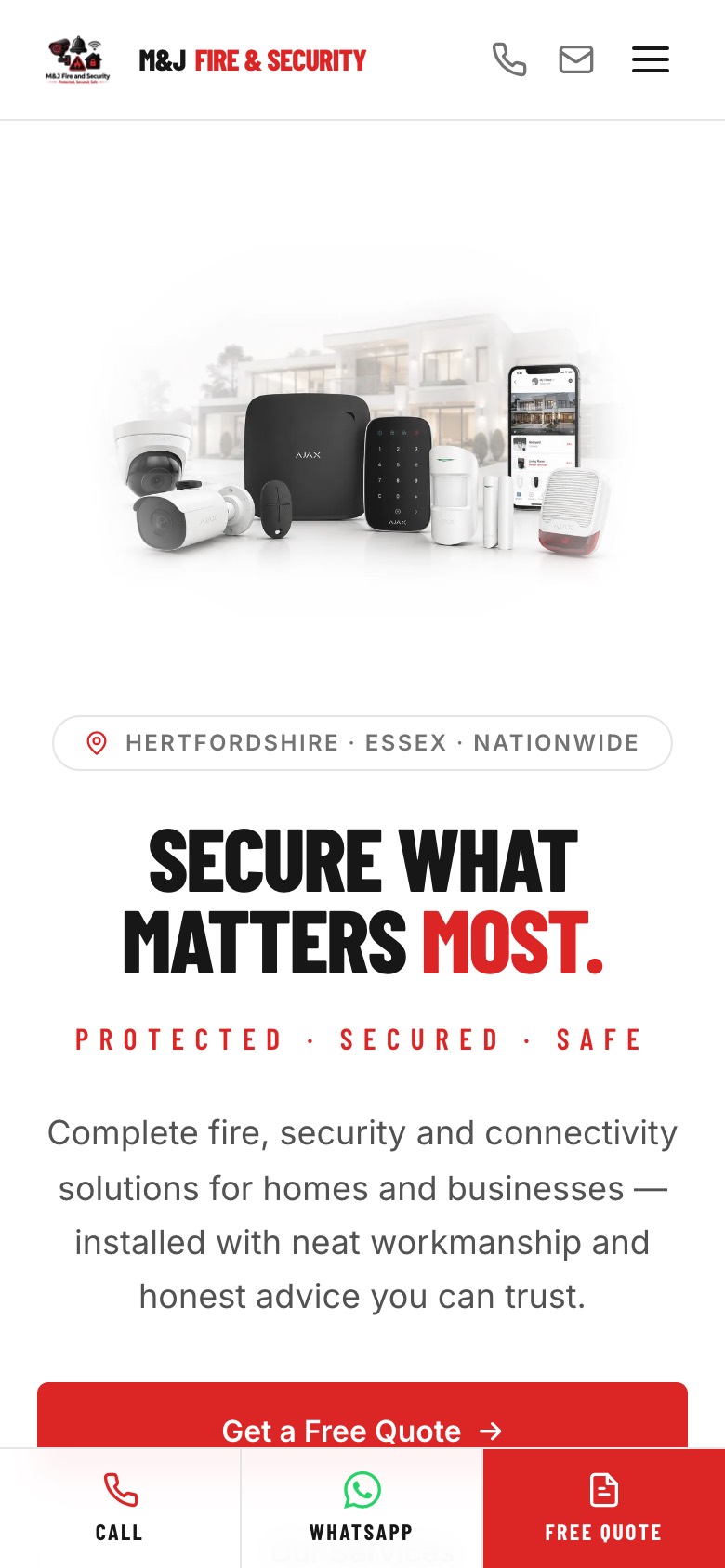 The M&J Fire & Security site on a phone: a white hero reading Secure what matters most, with a fixed call, WhatsApp and quote bar along the bottom