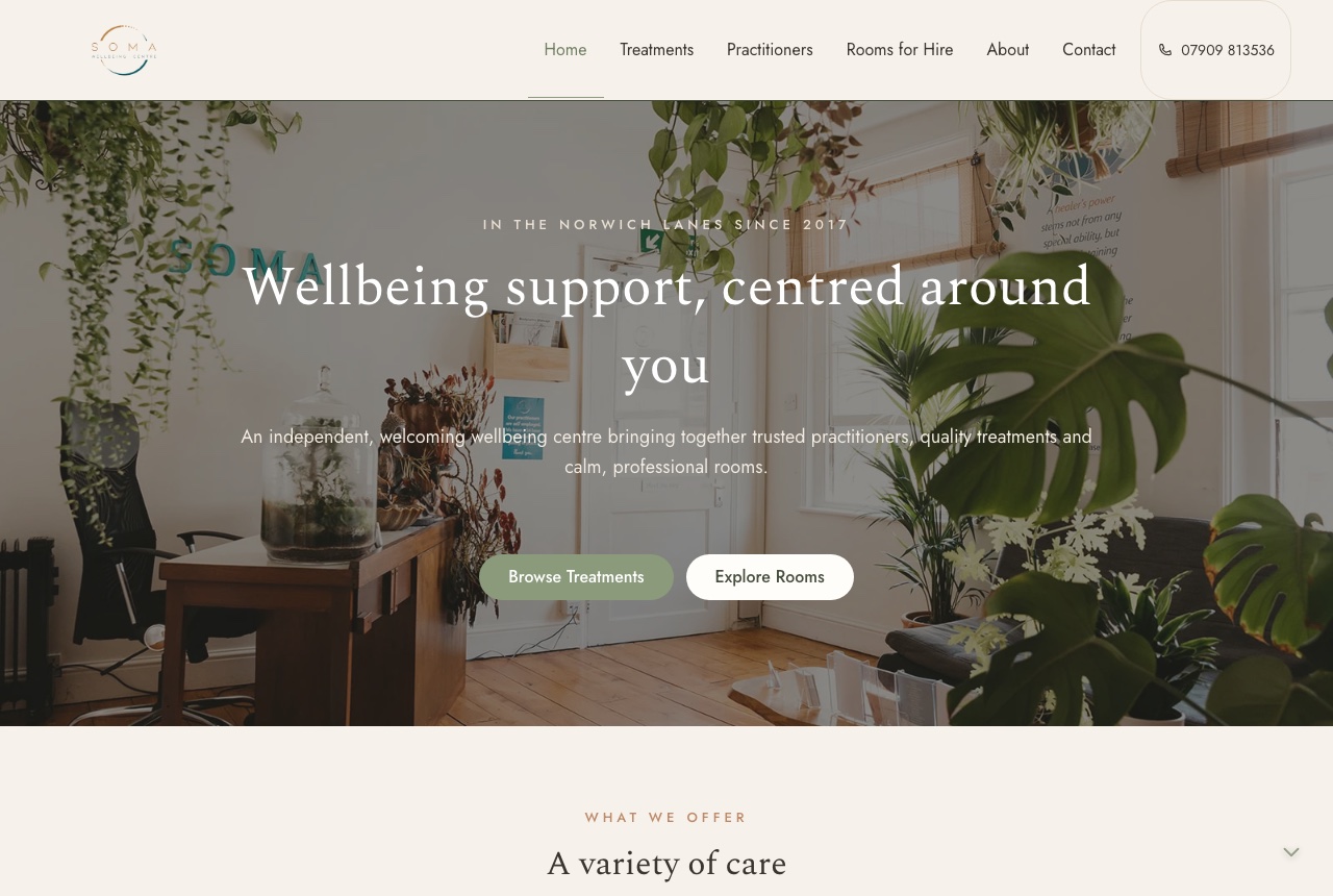 The rebuilt Soma Wellbeing Centre website, a warm hero with a full navigation