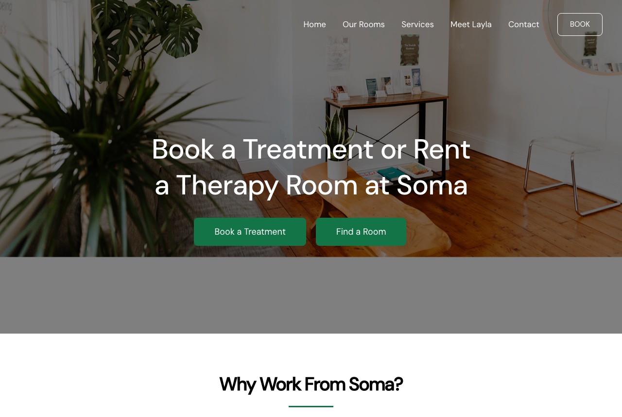 The old Soma website: one heading asking visitors to either book a treatment or rent a therapy room