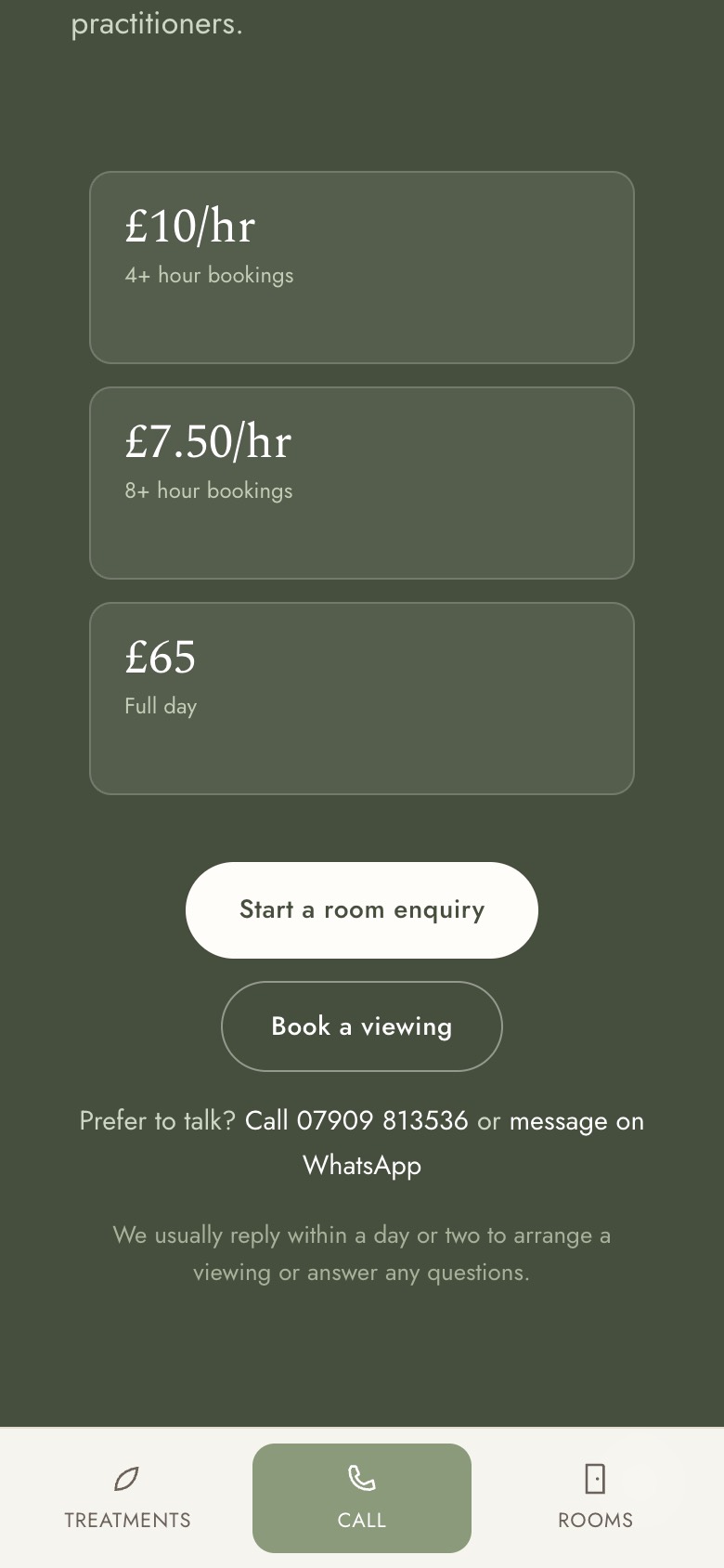 The Soma room hire page on a phone, showing hourly rates from &pound;7.50 with room enquiry and viewing buttons
