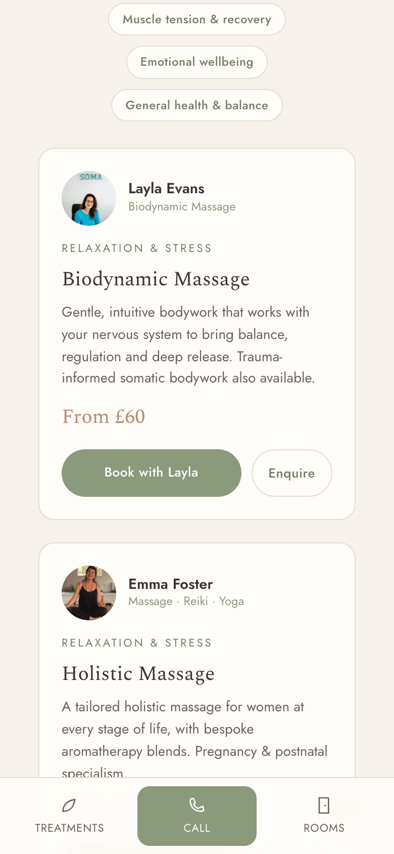 The Soma treatments page on a phone: filter pills, treatment cards showing prices with Book and Enquire buttons, and a fixed bottom bar offering Treatments, Call and Rooms