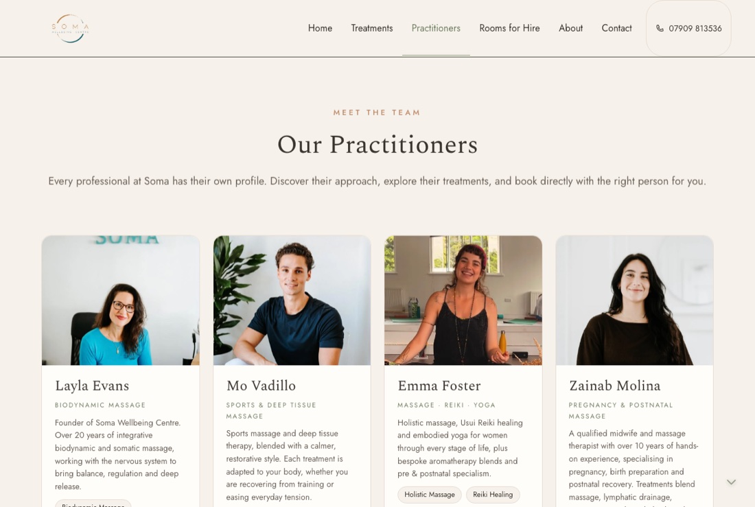 The Soma practitioners page showing a grid of cards with photos, specialisms and starting prices