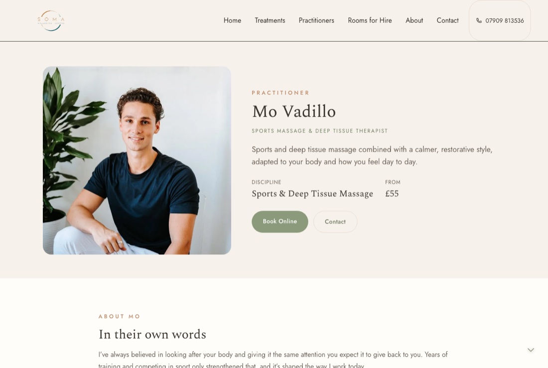 A Soma practitioner profile for Mo Vadillo, with a photo, discipline, starting price and booking buttons