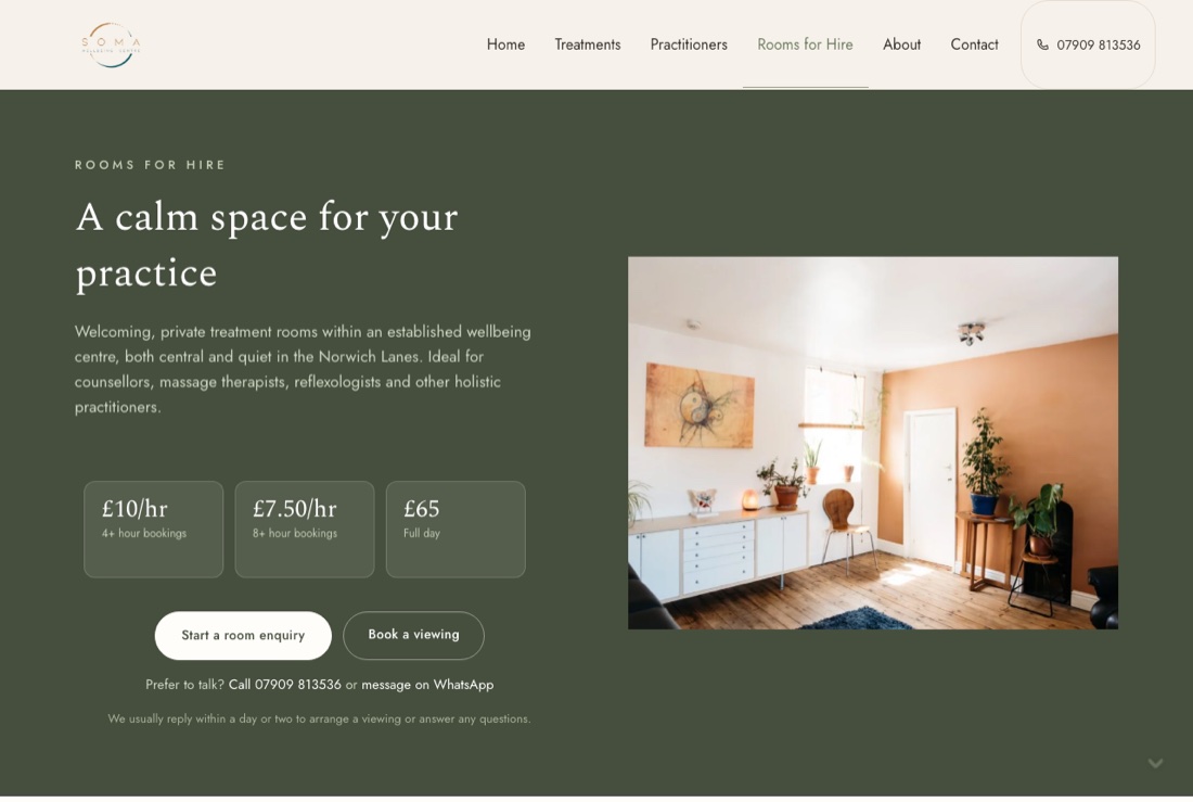 The Soma rooms for hire page: an olive panel with hourly, half day and full day rates published, plus room enquiry and viewing buttons