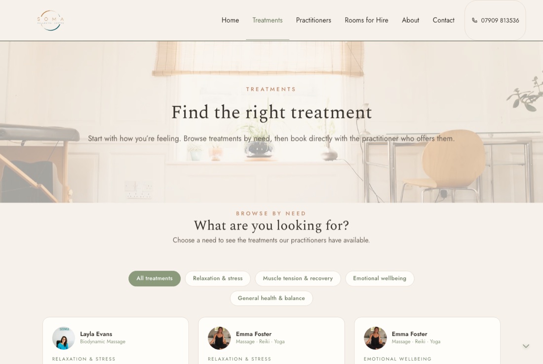 The Soma treatments page with filters for relaxation, muscle tension, emotional wellbeing and general health